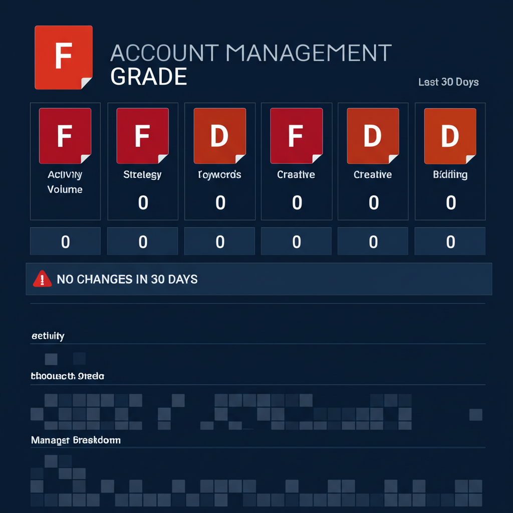 Failing Google Ads management audit dashboard showing F grade